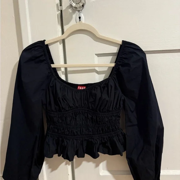 STAUD Black Smocked Blouse with Puff Sleeves - Picture 2 of 5